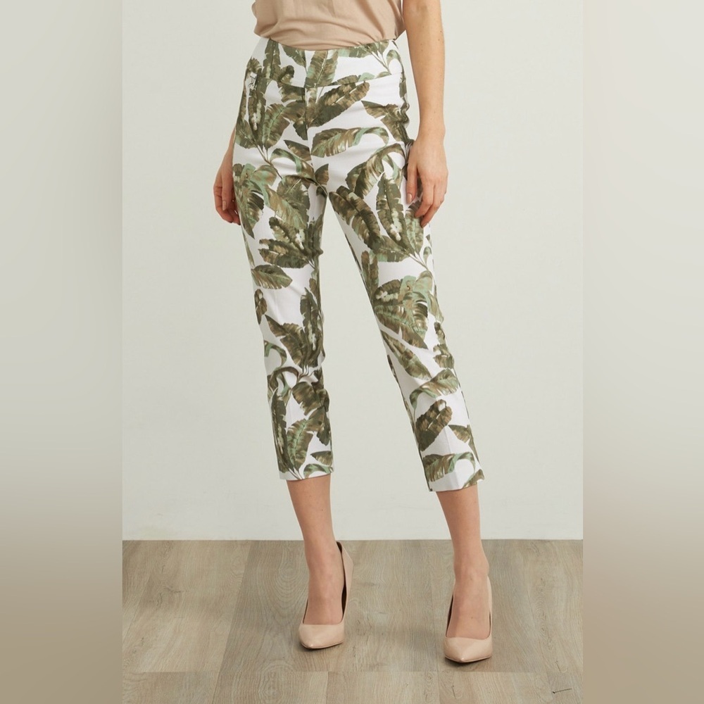 Joseph Ribkoff White Cropped Pants with Green Leaf Print